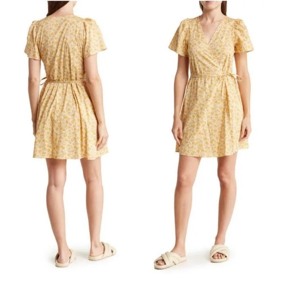 Madewell Fiore Floral Short Sleeve Cotton Wrap Dress Large Mini Yellow Cotton - Picture 1 of 6